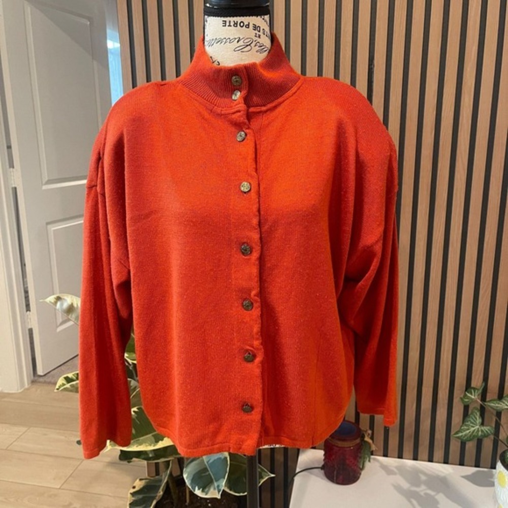 VTG AMILANO Paris Milano Button‎ Front Mock Neck Knit Sweater Orange S Padded